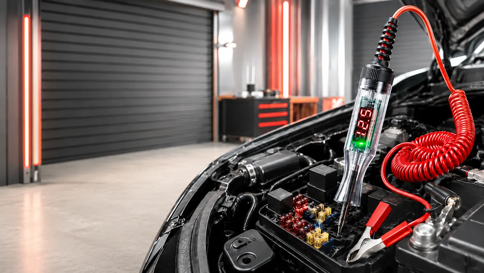 Dark garage with automotive electrical tools