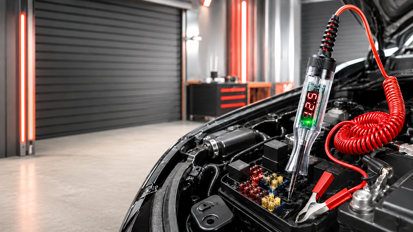 Dark garage with automotive electrical tools